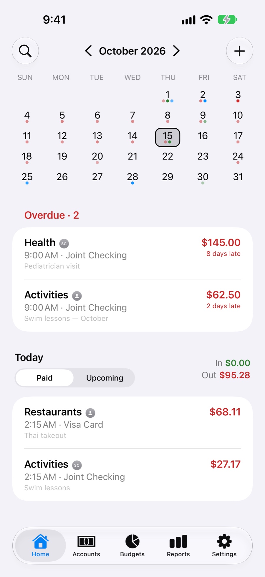 Home calendar for October 2026 with spending dots and two overdue bills