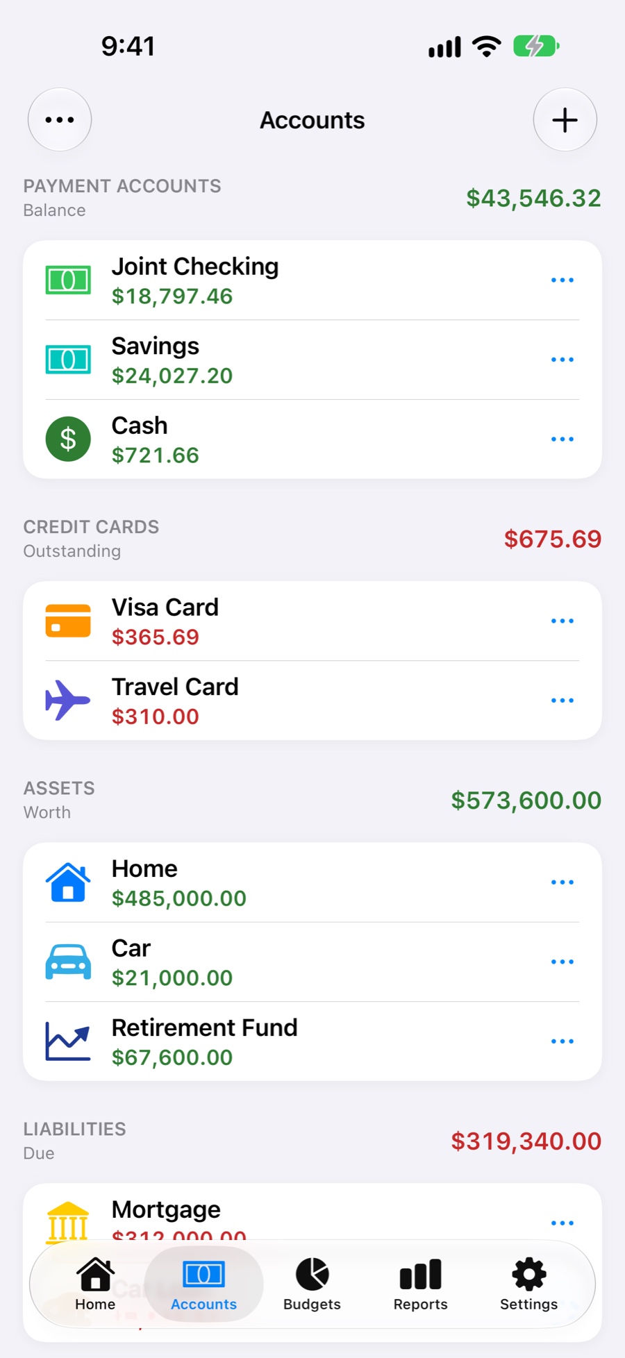 Accounts screen with payment accounts, credit cards and assets