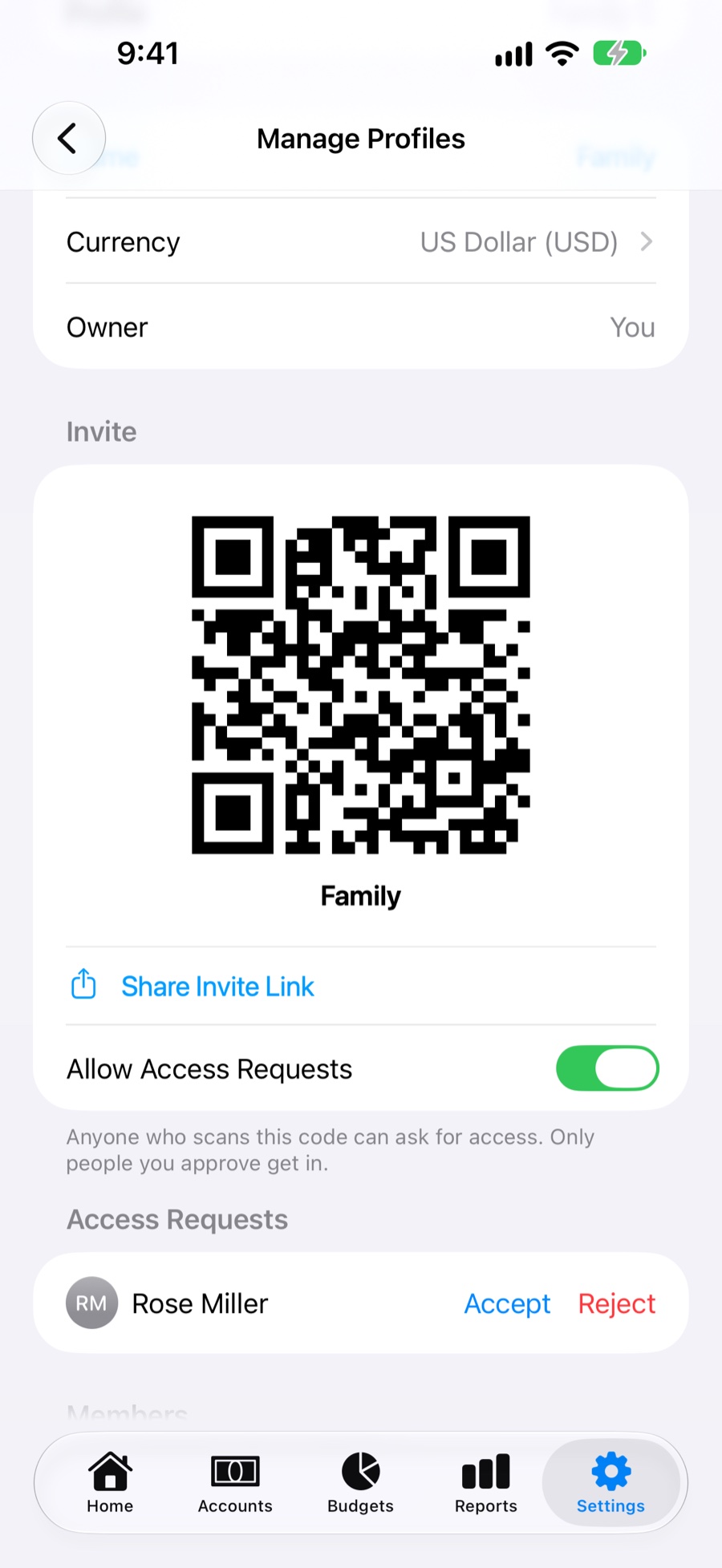 Manage Profiles: the Family profile's invite QR code, Share Invite Link, and an access request from Rose