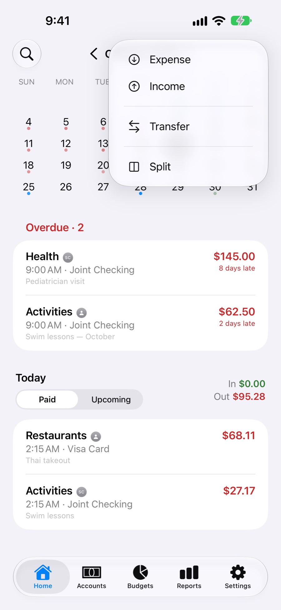 The add menu with Expense, Income, Transfer and Split