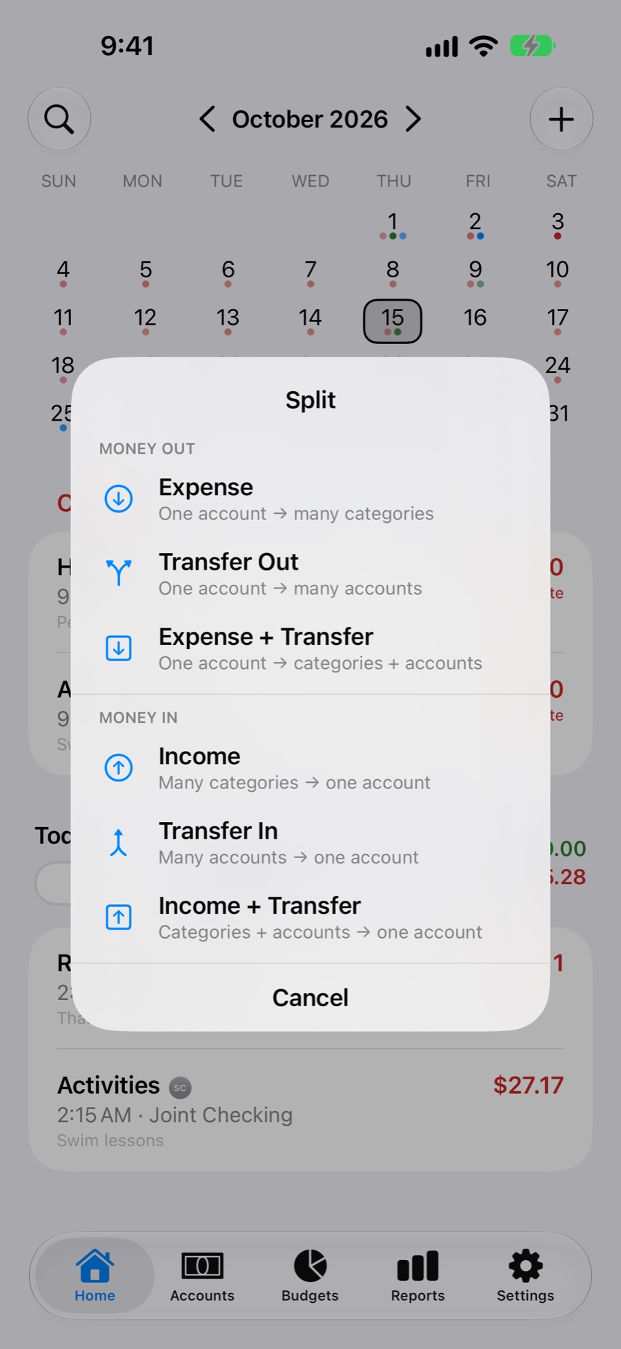 Split picker showing six kinds of split
