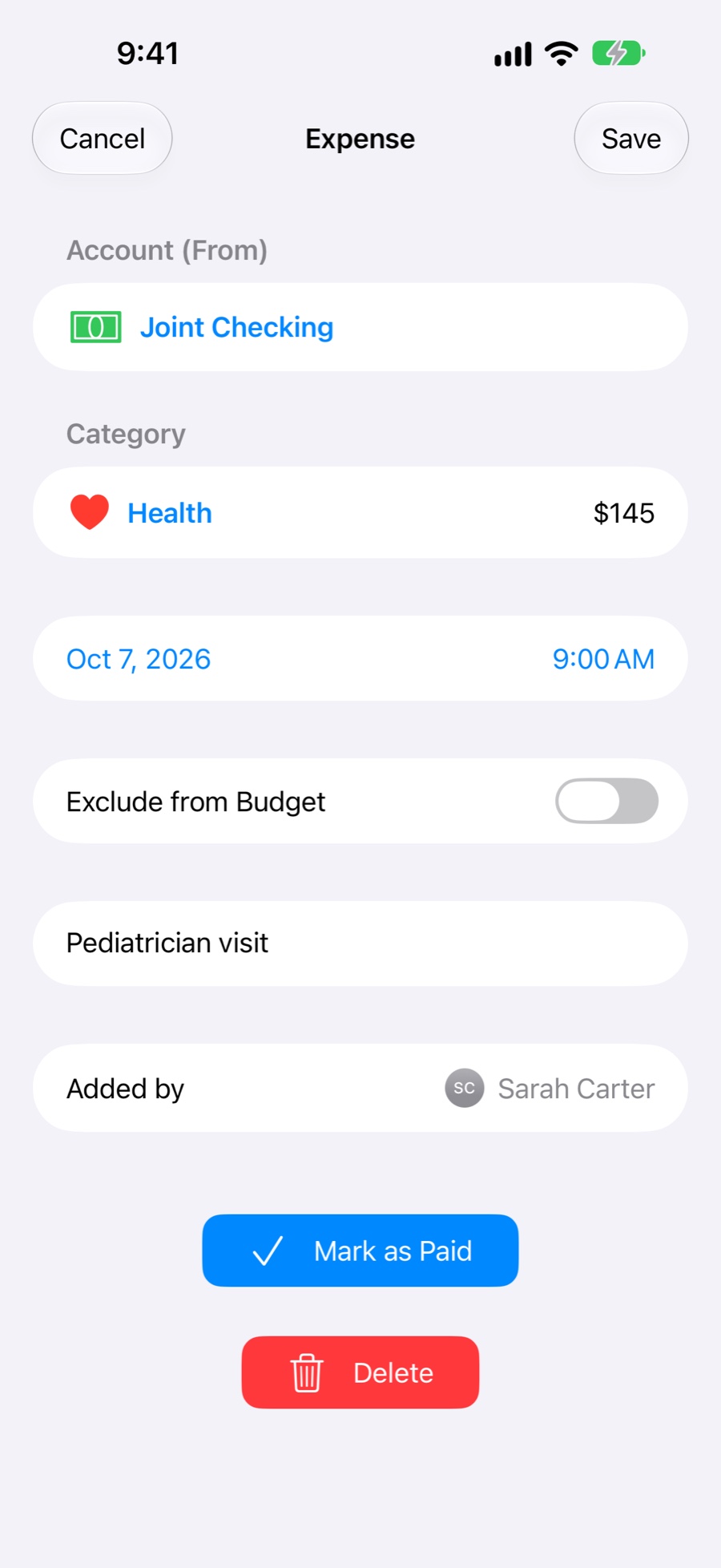 An overdue pediatrician visit, added by Sarah Carter, with Mark as Paid and Delete buttons