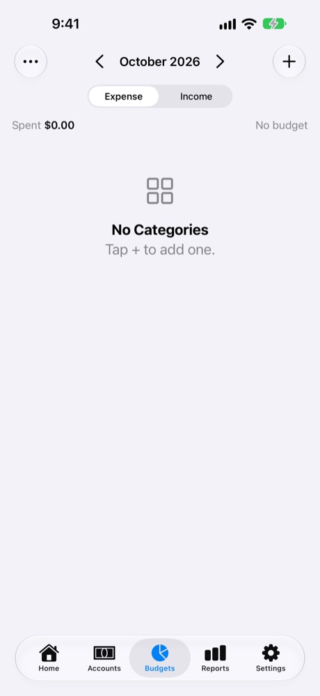 Budgets: tap + to add a category.