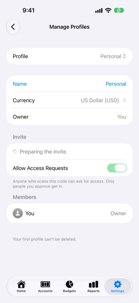 Manage Profiles: name, currency and sharing.