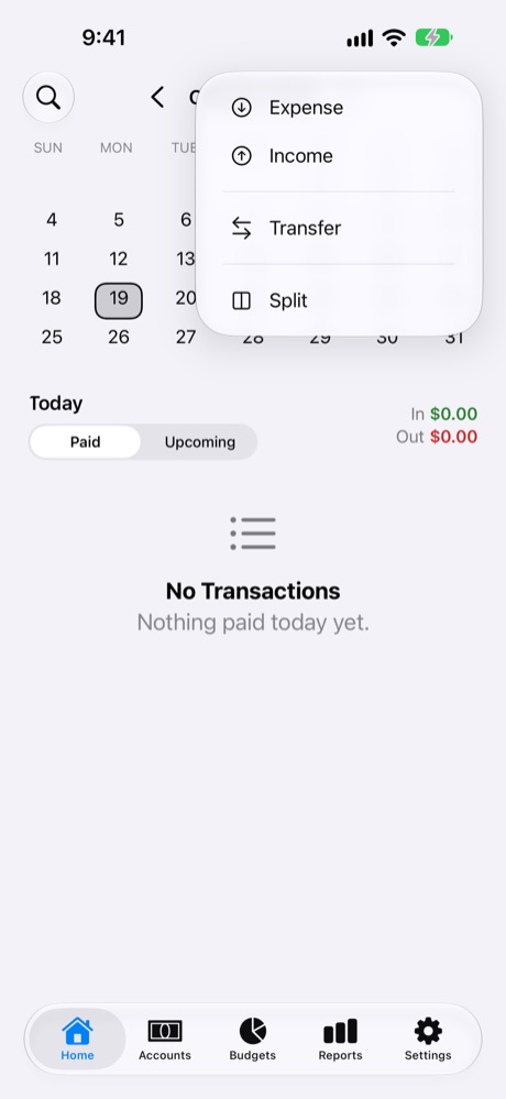 +: Expense, Income, Transfer or Split.