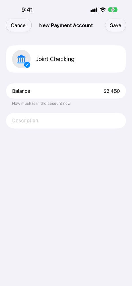 Payment account with today's balance.