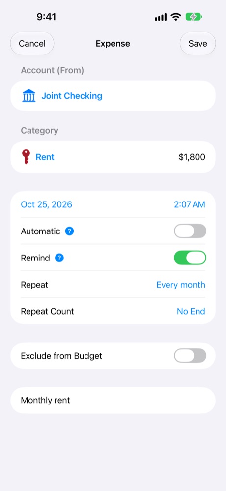 Rent: monthly, no end, with a reminder.
