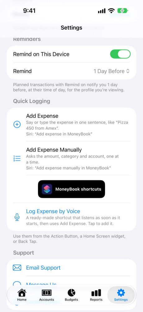 Reminders and Quick Logging in Settings.