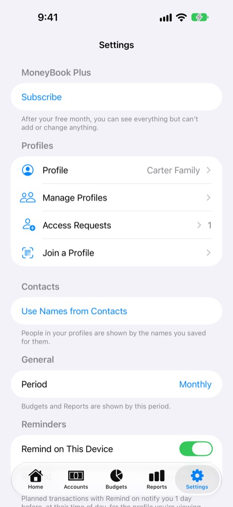 Settings: your profile and the budget period.