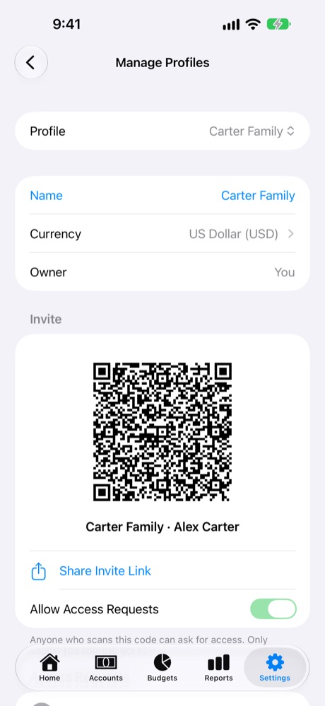 The profile's QR code and invite link.