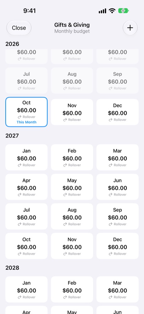 The calendar marks Rollover periods.