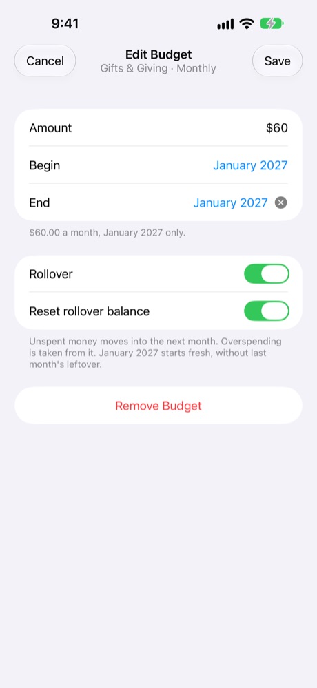 Reset rollover balance for January.