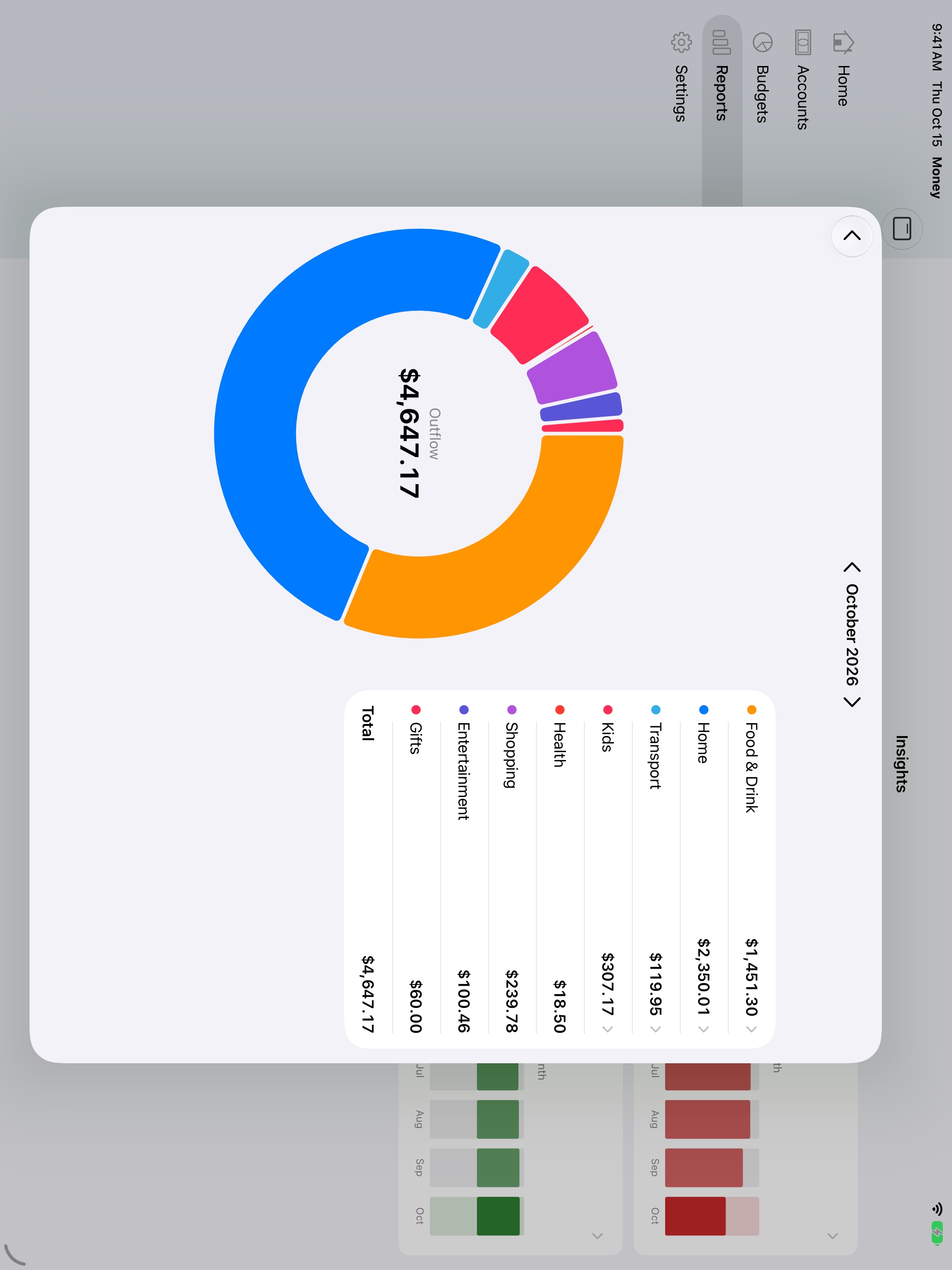 Outflow by category on iPad, ring beside the list
