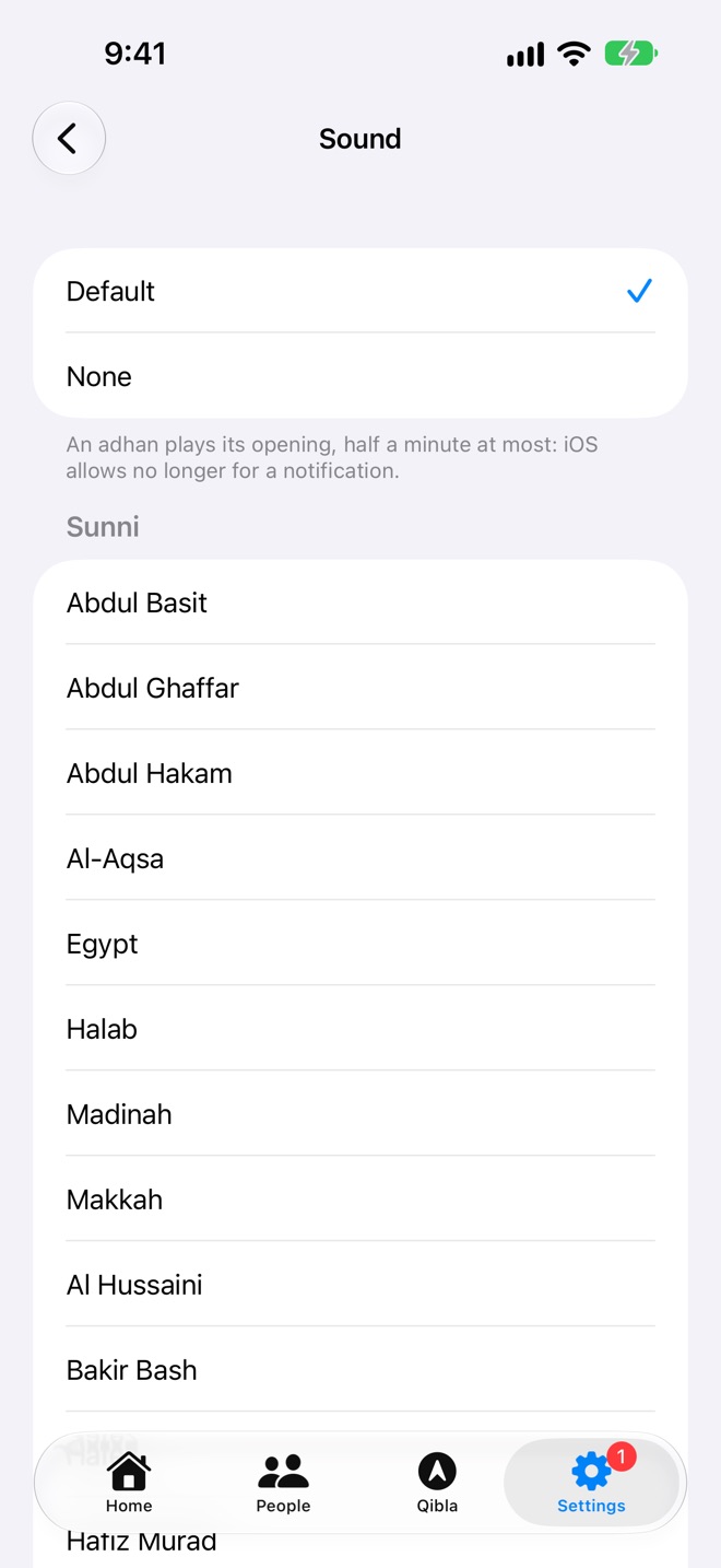 Sound: Default, None or an adhan.