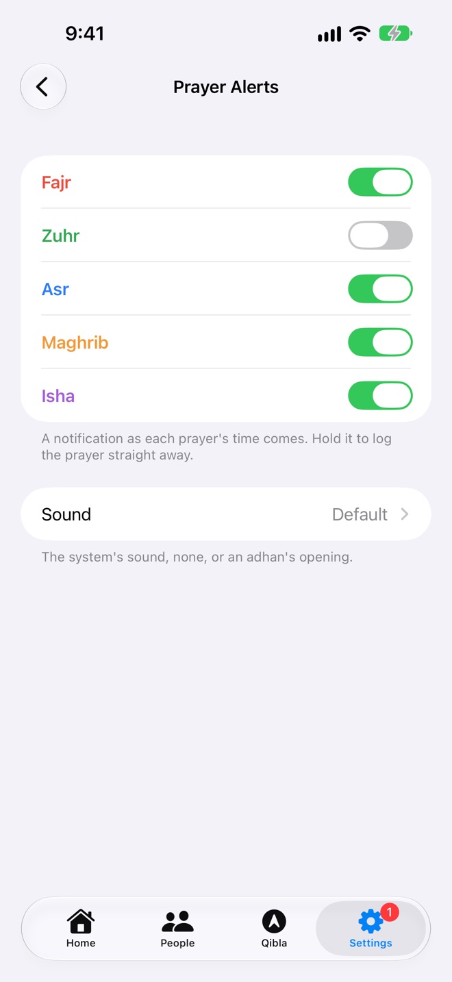 Prayer Alerts, one switch each.