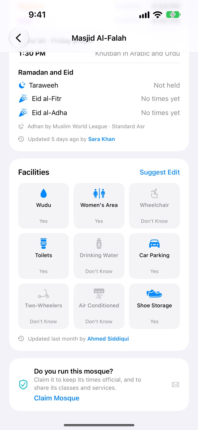 A mosque's facilities and the Claim Mosque card