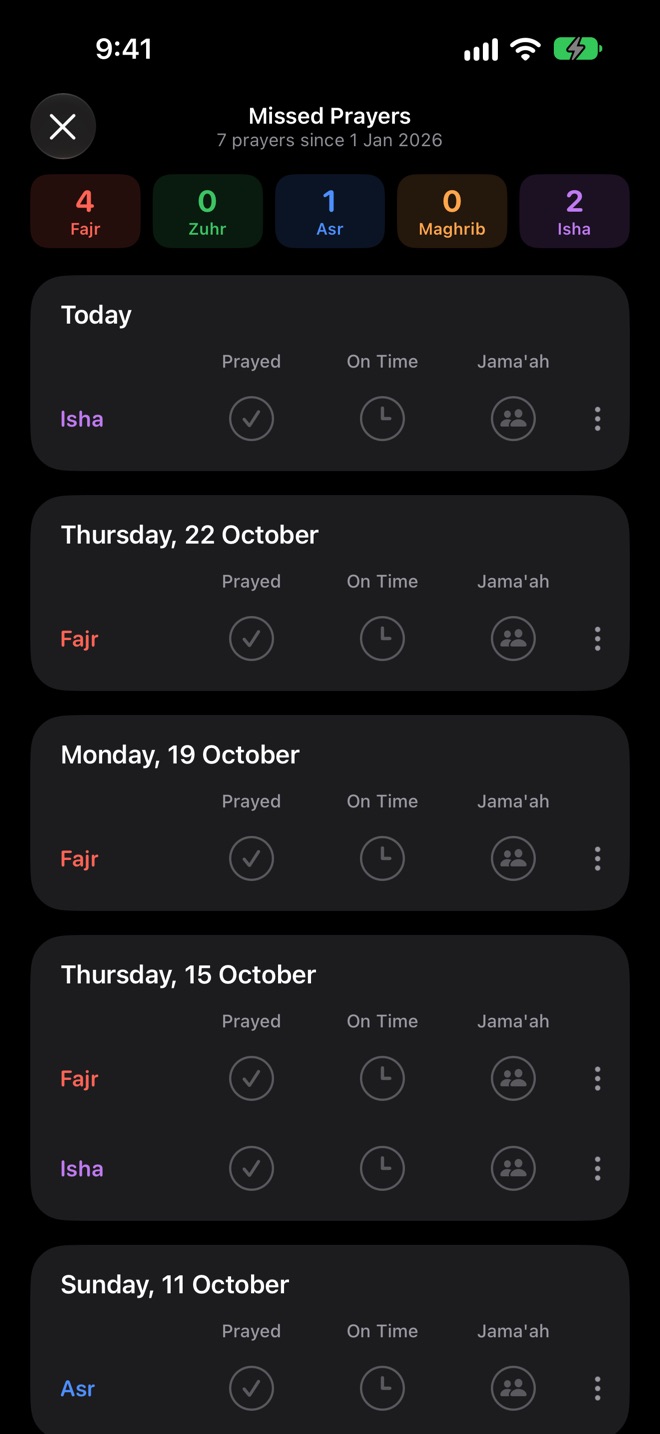 Missed Prayers in dark mode