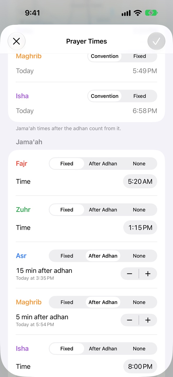 Editing prayer times: each prayer's jama'ah fixed, after the adhan, or none