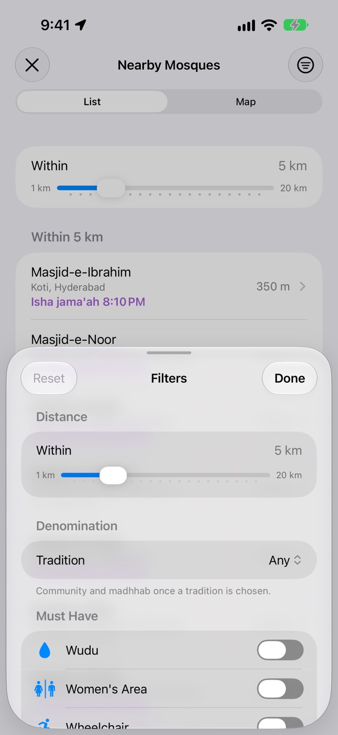 Filters: distance, denomination, and Must Have facilities