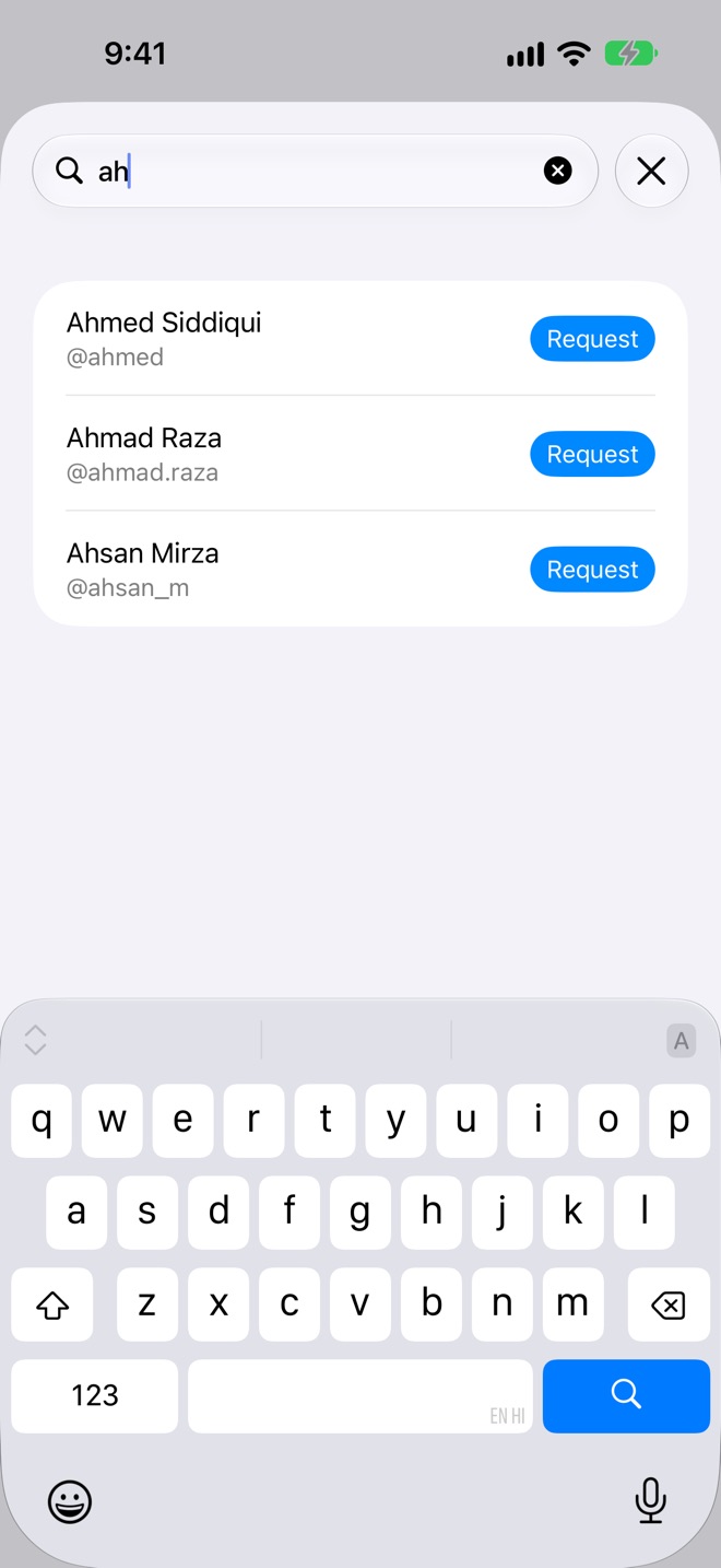Find People: searching "ah" finds Ahmed, Ahmad and Ahsan, each with Request