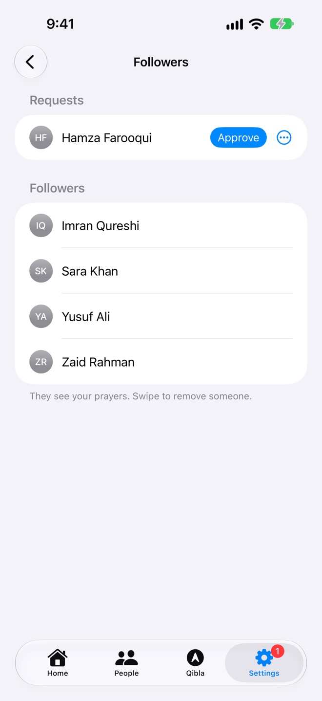 Followers: Hamza's request with Approve, and four followers