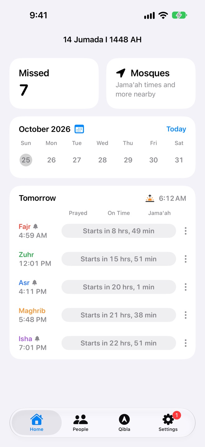 Tomorrow's prayers, each counting down to its start time