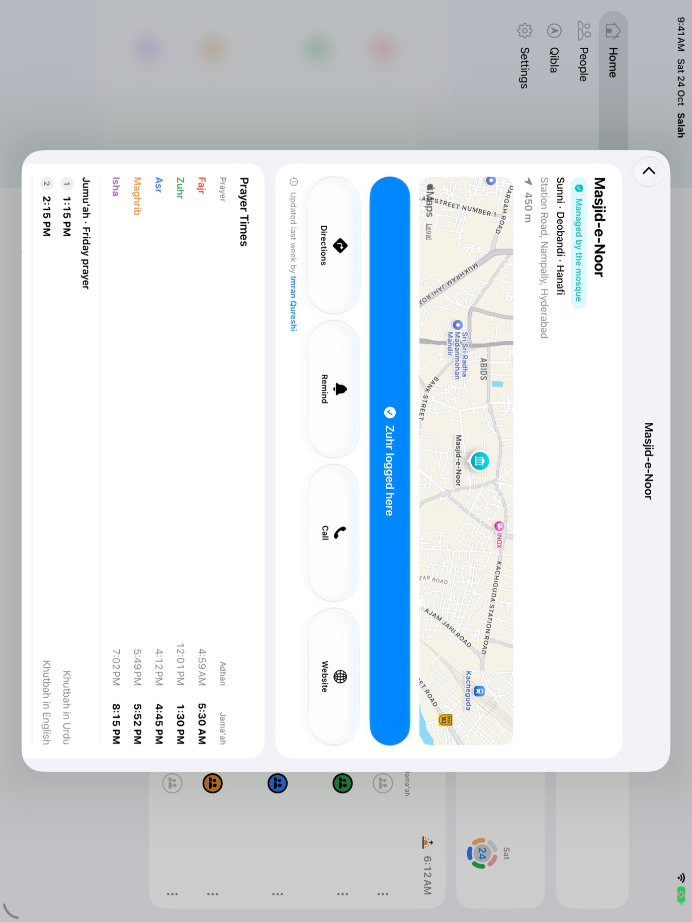 A mosque's page as a sheet on iPad