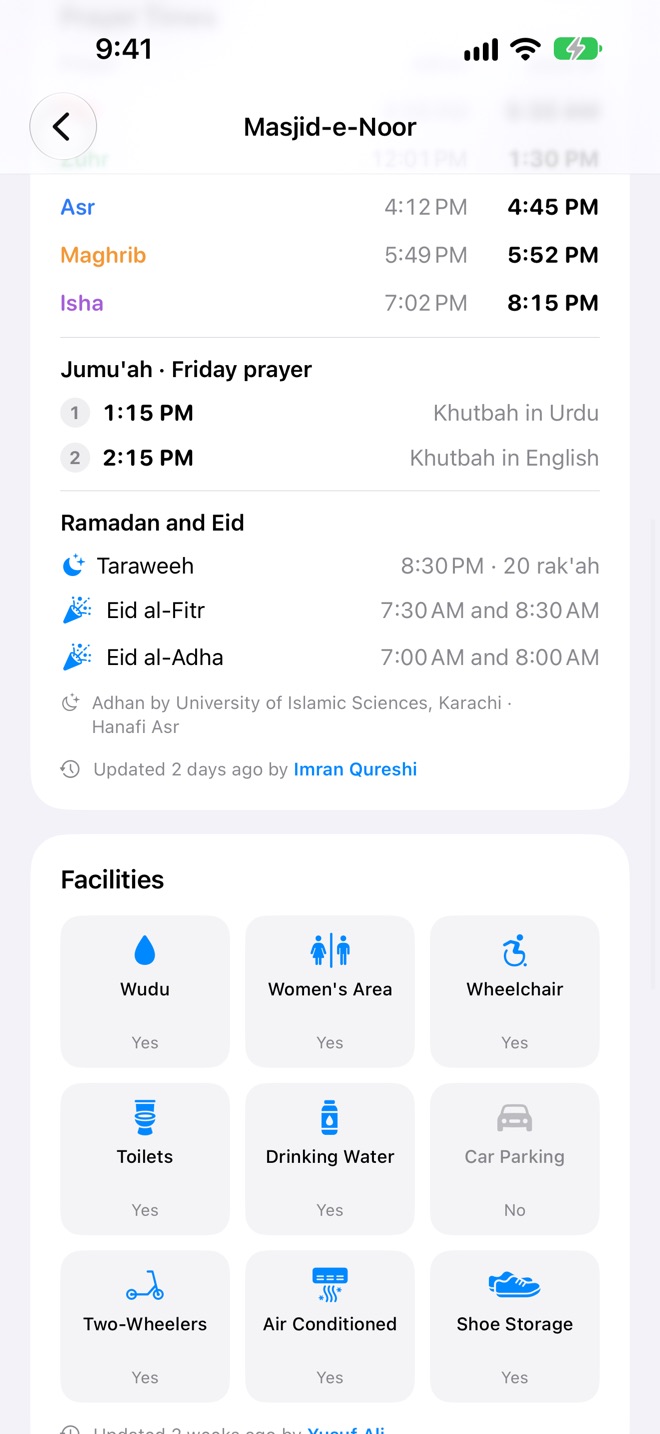 Prayer times, Jumu'ah, Ramadan and Eid.