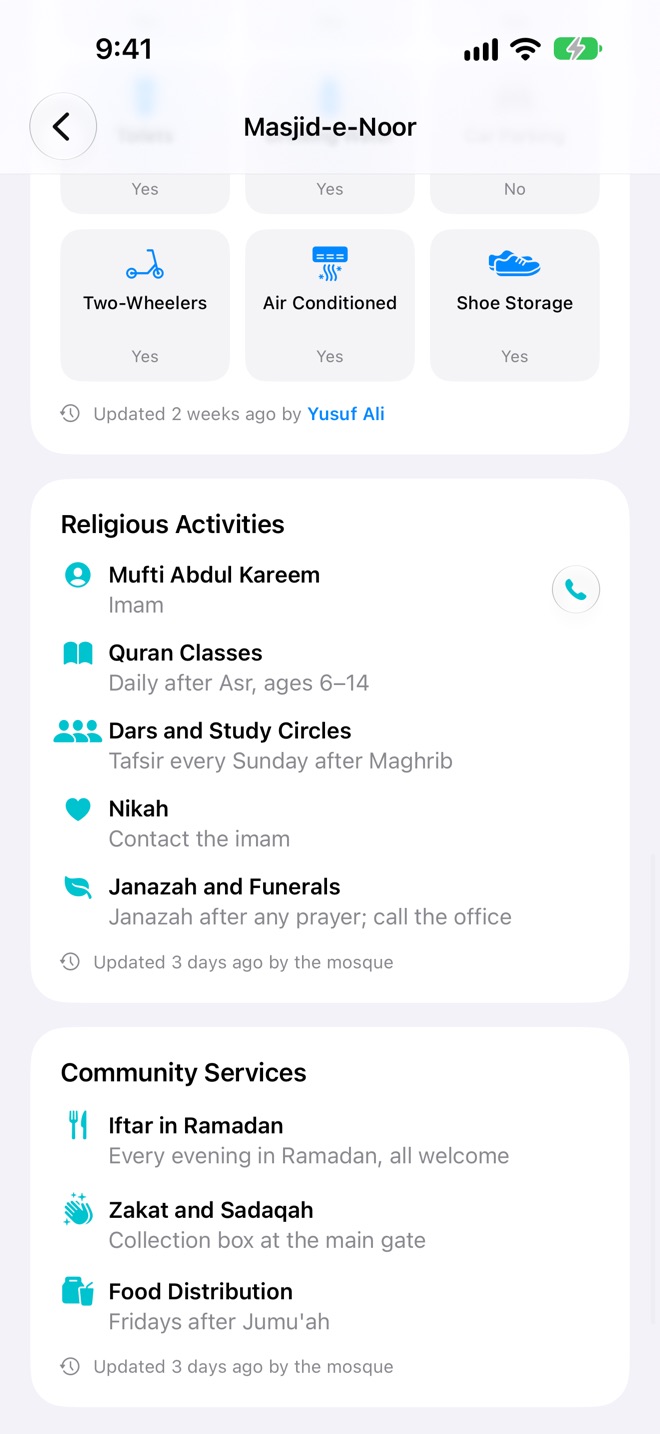 Facilities, Religious Activities with the imam and classes, and Community Services
