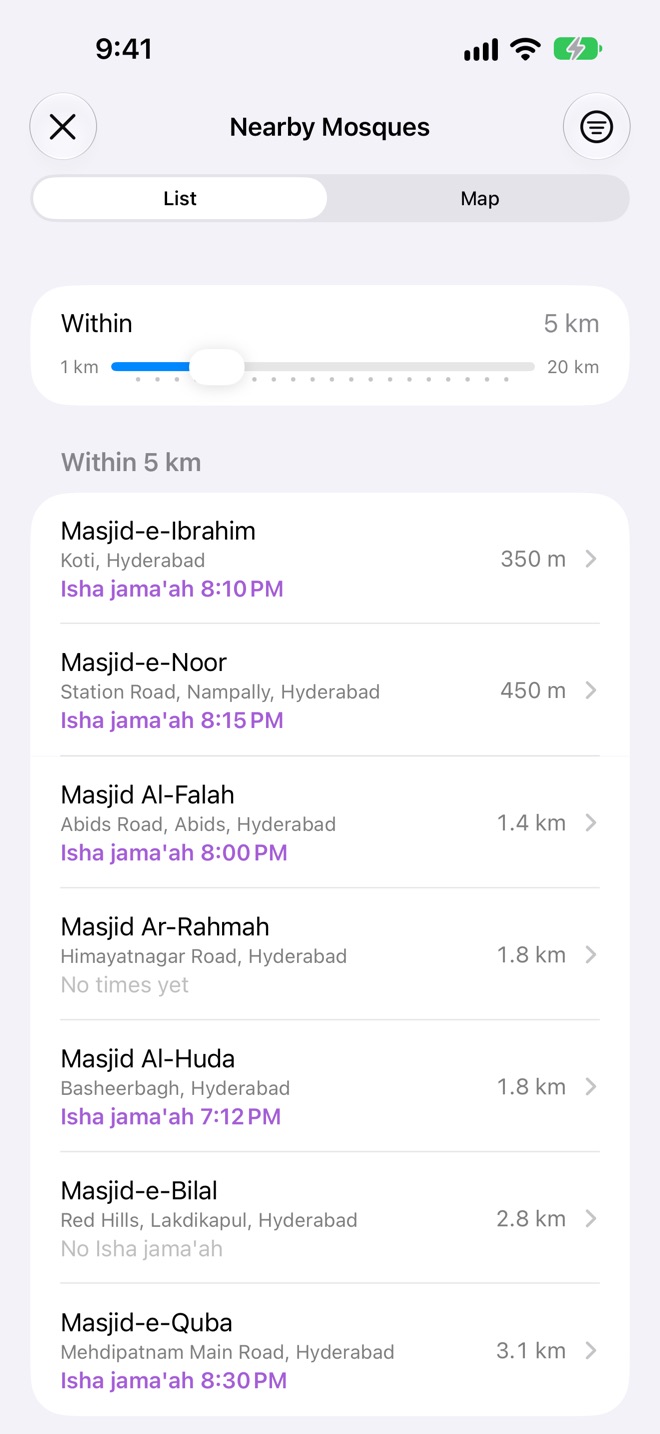 Nearby Mosques: seven mosques within 5 km, each with its Isha jama'ah time and distance
