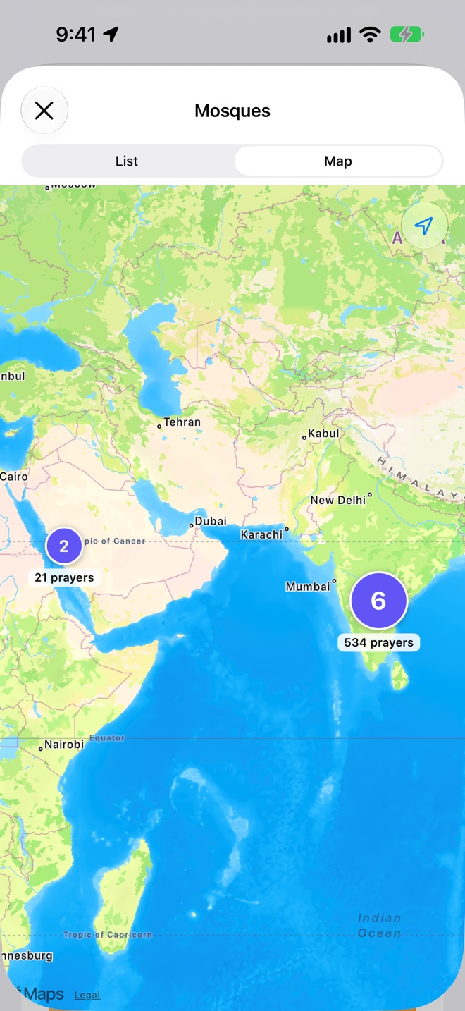 Mosques prayed in, on a map from Hyderabad to Makkah