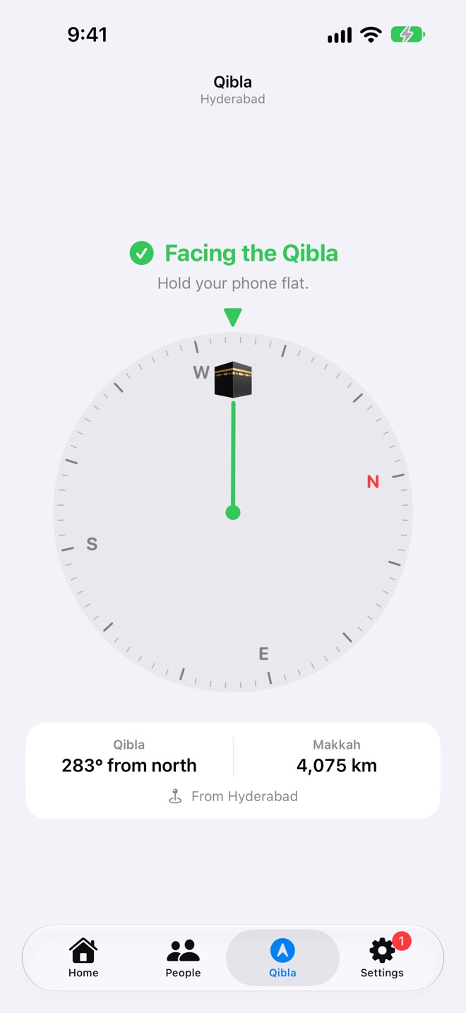 Qibla: Facing the Qibla, in green