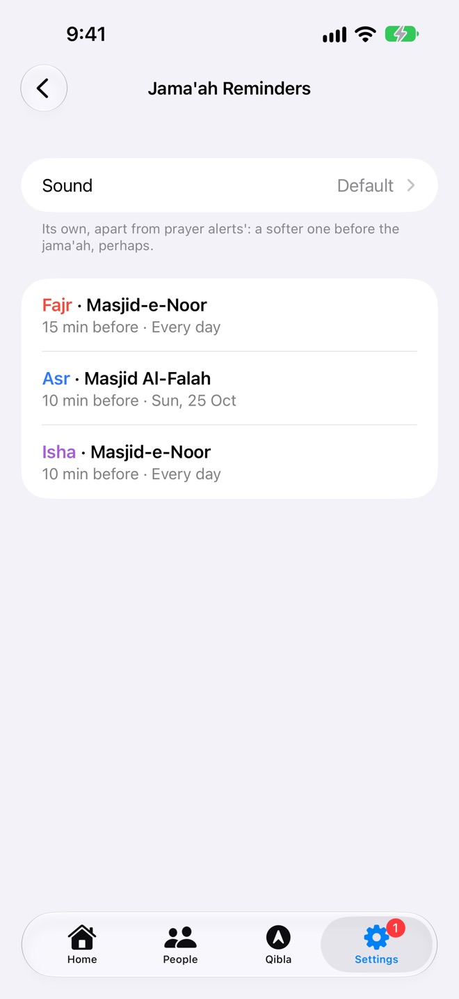 Settings β Jama'ah Reminders.