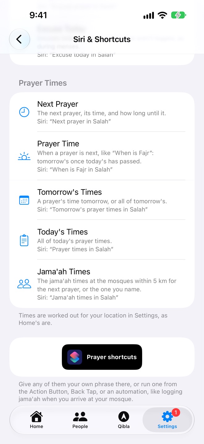 Prayer Times shortcuts.