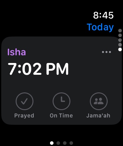 Apple Watch: Isha at 7:02 PM with Prayed, On Time and Jama'ah buttons
