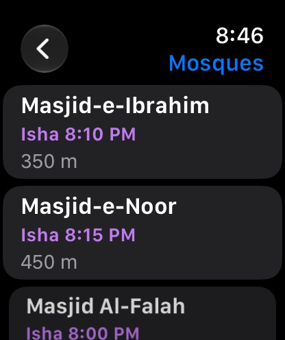 Apple Watch: nearby mosques with their Isha jama'ah and distance